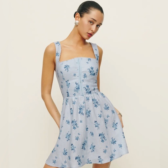 Reformation Light Blue Floral Linen Mini Dress - Picture 1 of 5